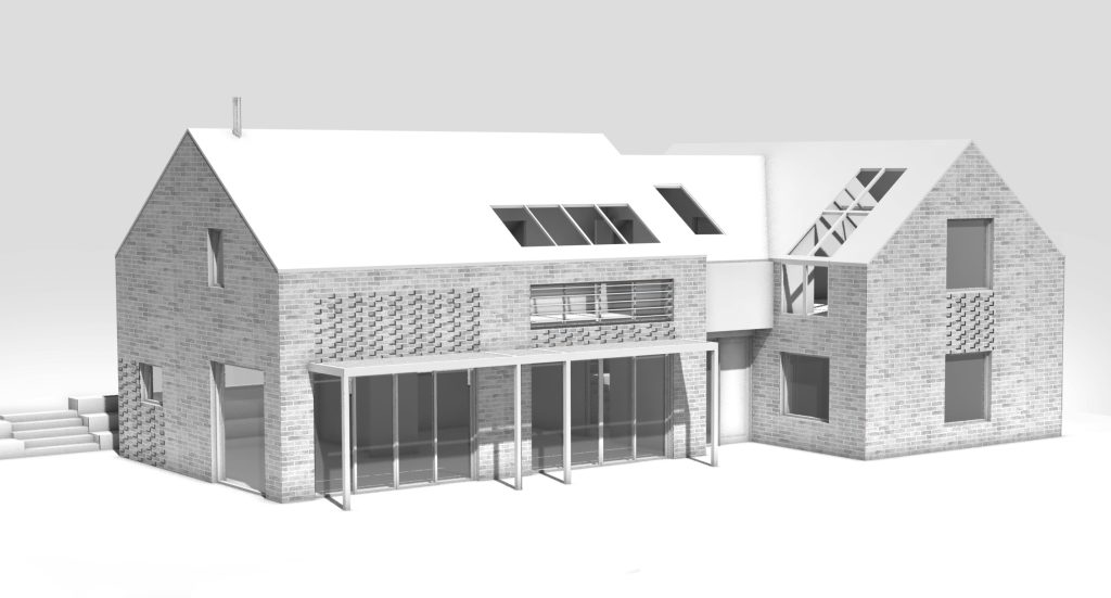 Low Energy Home Visualisation: A white card 3d model showing a two story home. Interesting features include decorative brickwork and projecting solar shades over the ground floor glazing. Stickland Wright Architects and Interior Design, Brighton